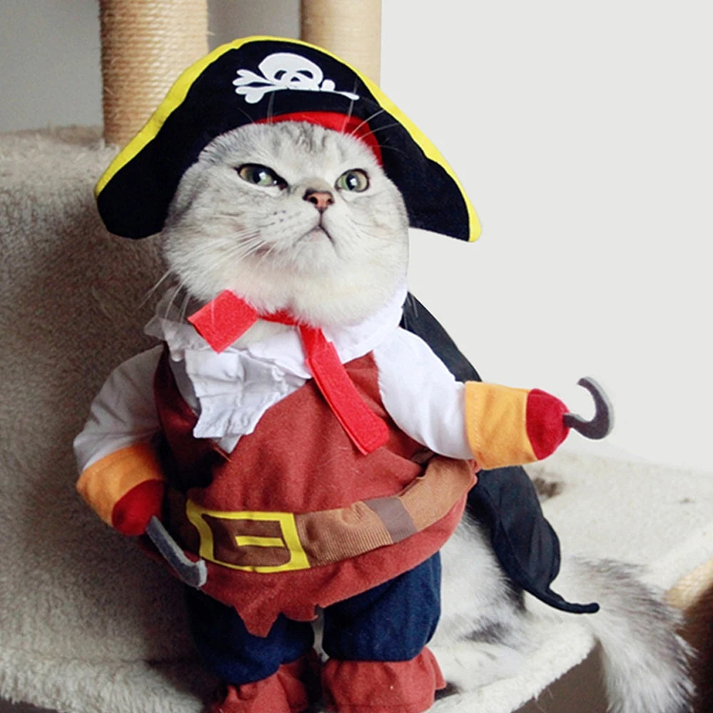 Adorable pirate pet costume for cats and dogs with a hat, shirt, and hook for playful pets