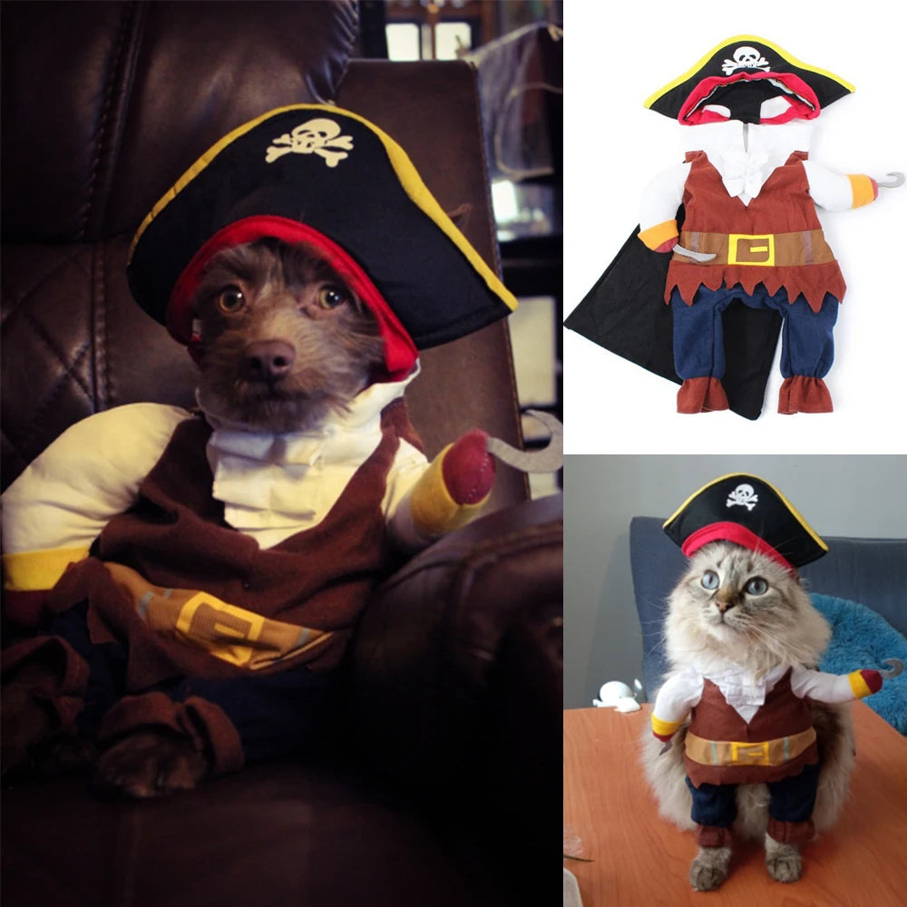 Adorable pirate pet costume for cats and dogs featuring a hat and a pirate outfit