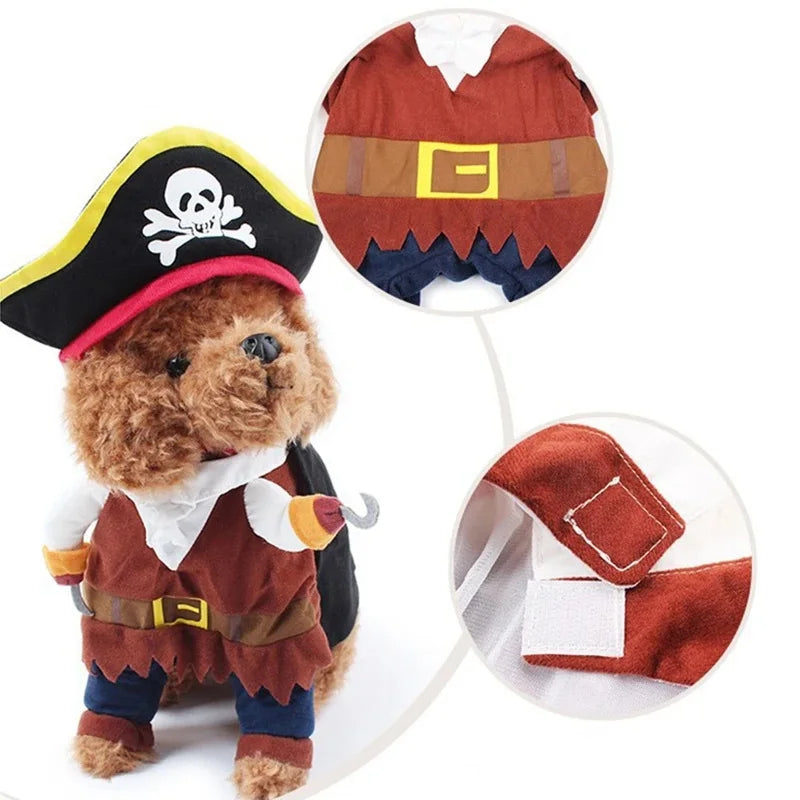Adorable pirate pet costume for cats and dogs featuring a hat, vest, and hook accessory