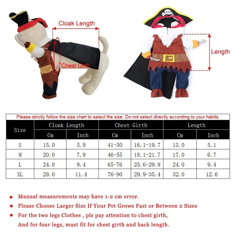 Pirate pet costume for cats and dogs featuring a detailed pirate design and adjustable cloak length