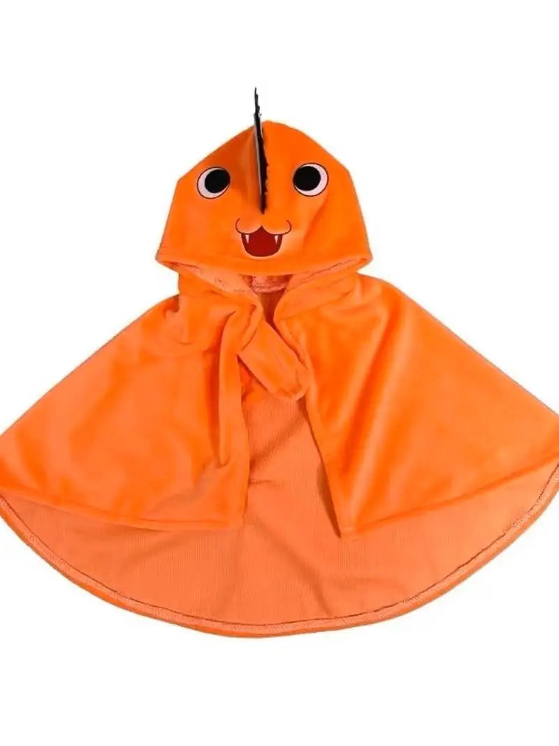 Bright orange Pochita pet outfit for dogs with a cute hood and playful design