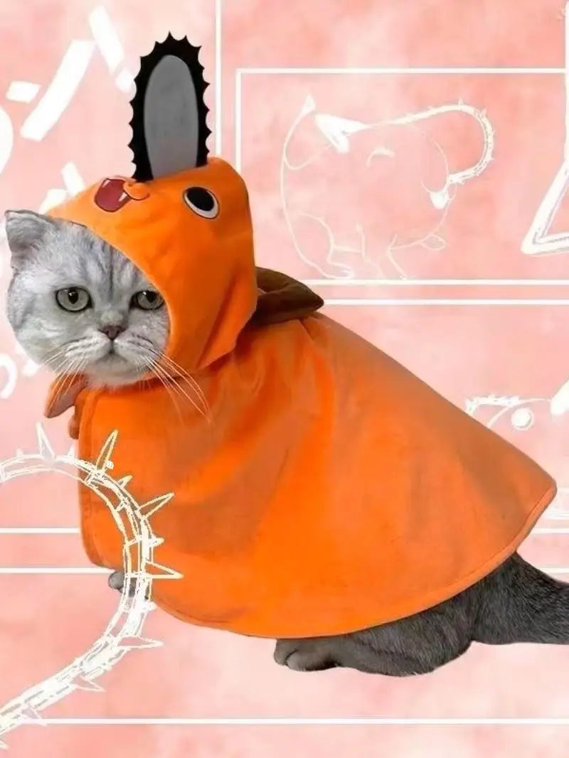 Cute orange Pochita pet outfit for dogs featuring a hood and playful design from Zoomies & Co
