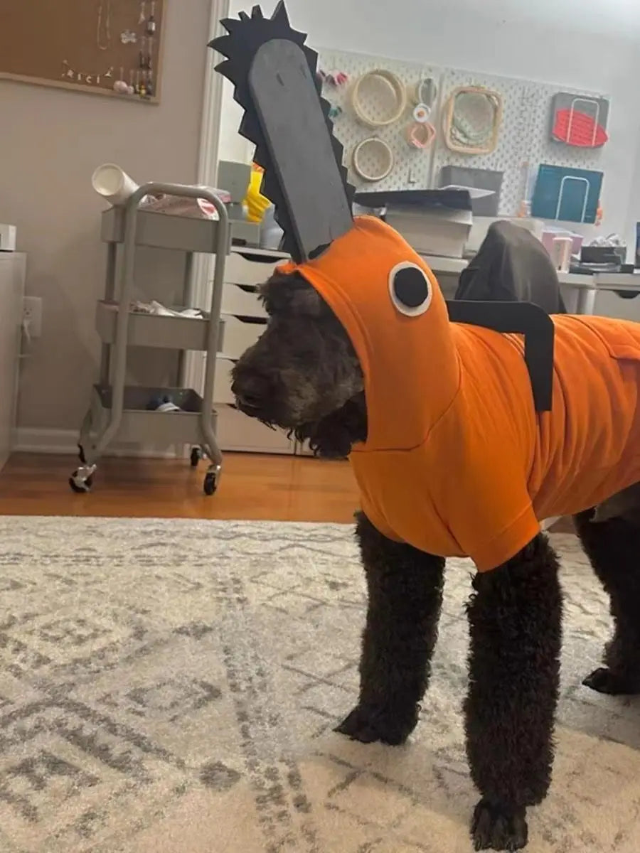 Pochita pet outfit for dogs in orange with a chainsaw hood for playful pets