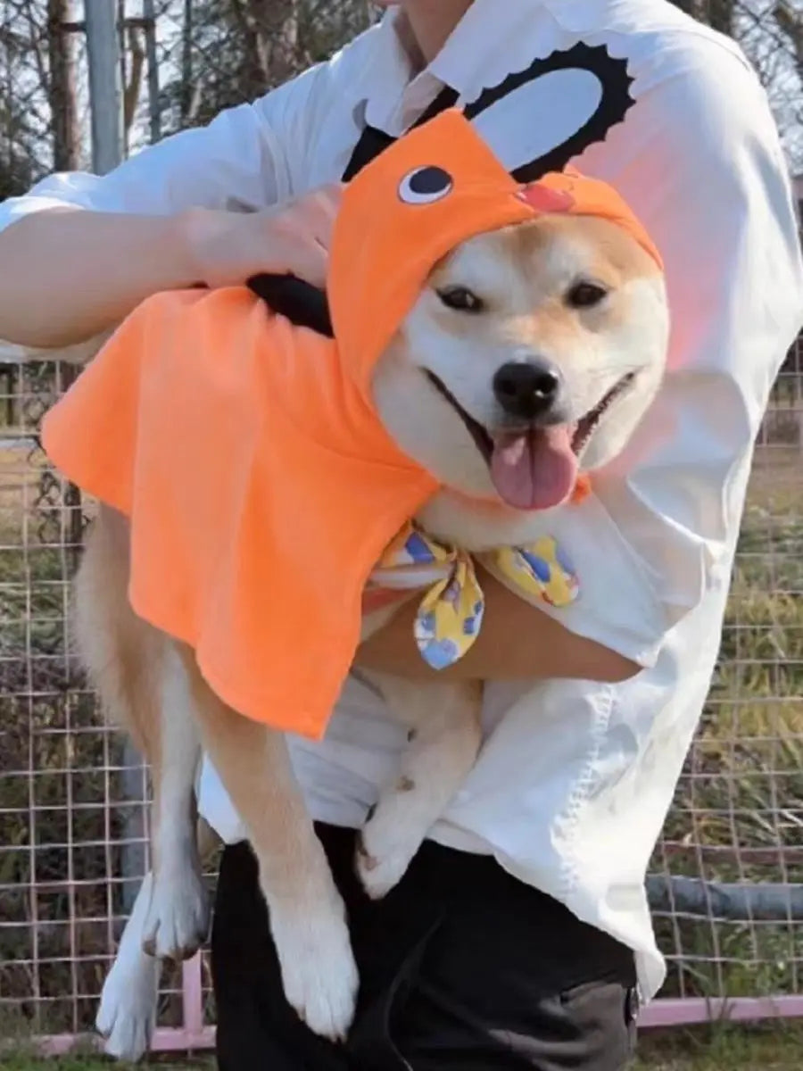 Happy dog wearing a Pochita pet outfit for dogs in orange with a cute design