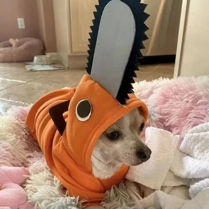 Cute dog wearing Pochita pet outfit for dogs with a playful chainsaw design