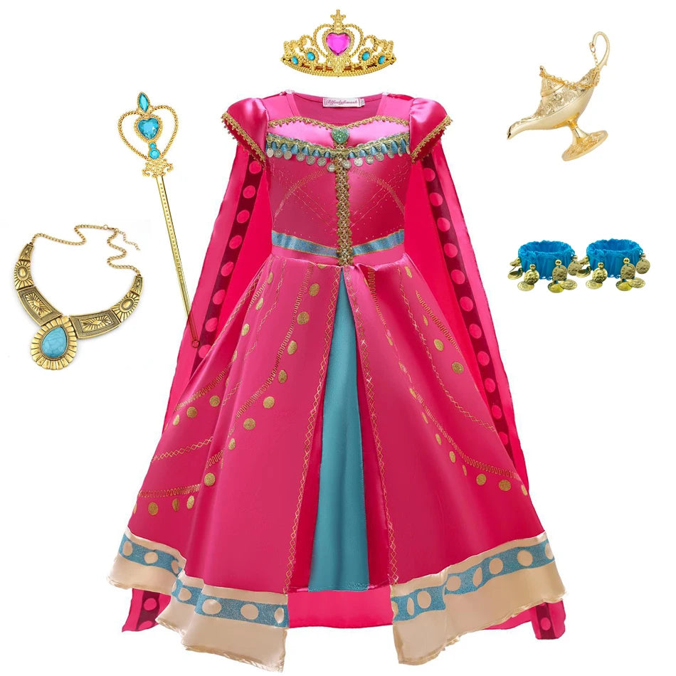Princess Jasmine costume for girls with dress, crown, necklace, and accessories from Zoomies & Co