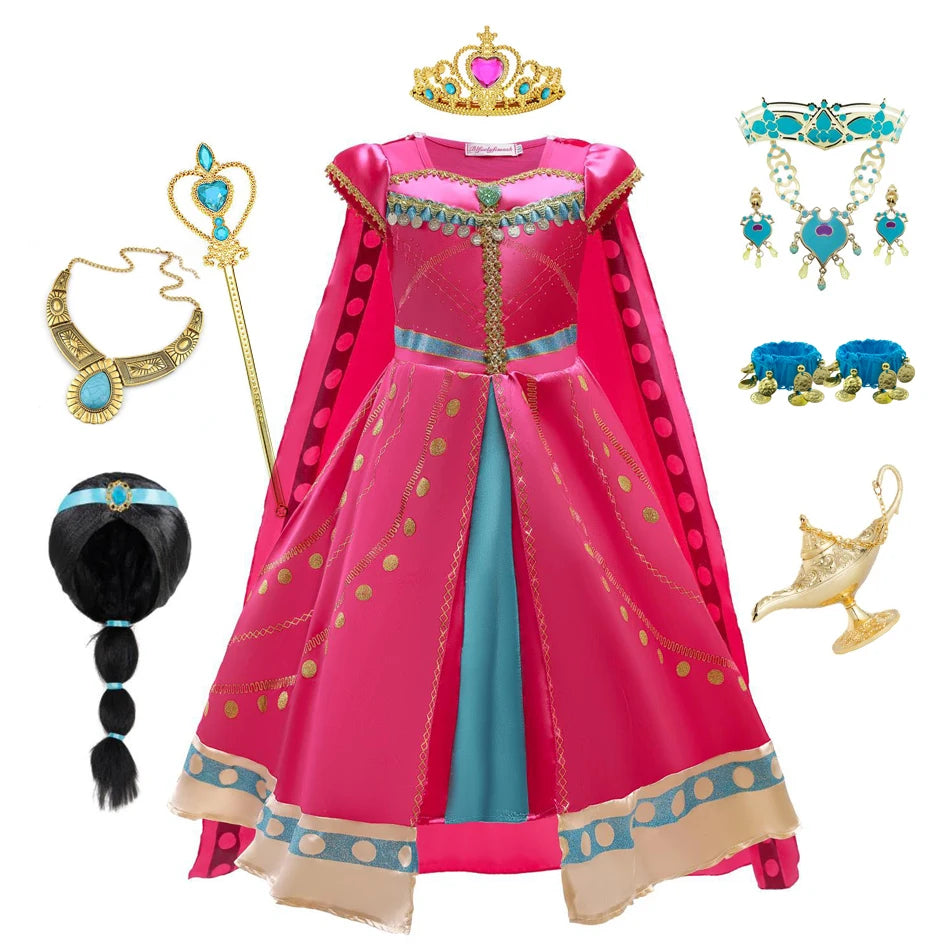 Pink Princess Jasmine costume for girls with accessories including crown, jewelry, and magic wand