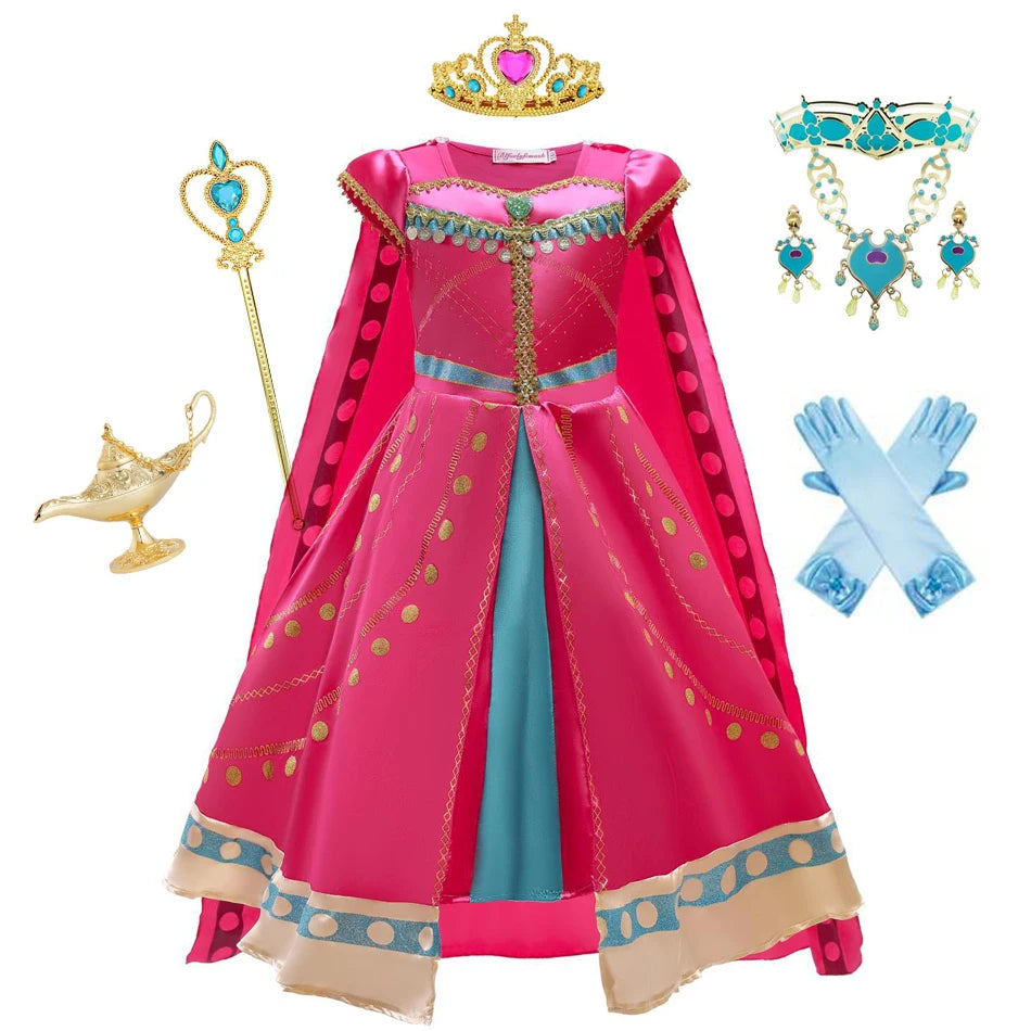 Princess Jasmine costume for girls featuring a pink dress, crown, jewelry, and accessories