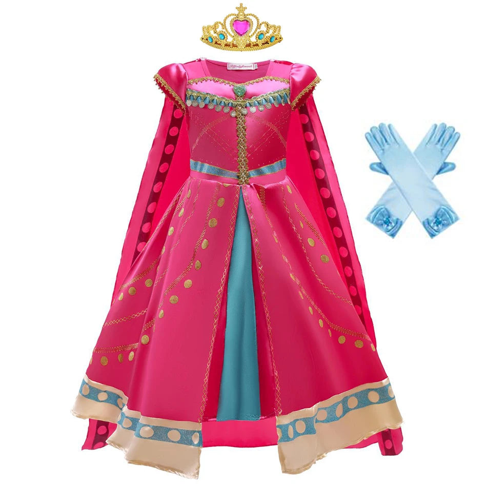 Princess Jasmine costume for girls featuring a pink dress and matching gloves with a crown accessory
