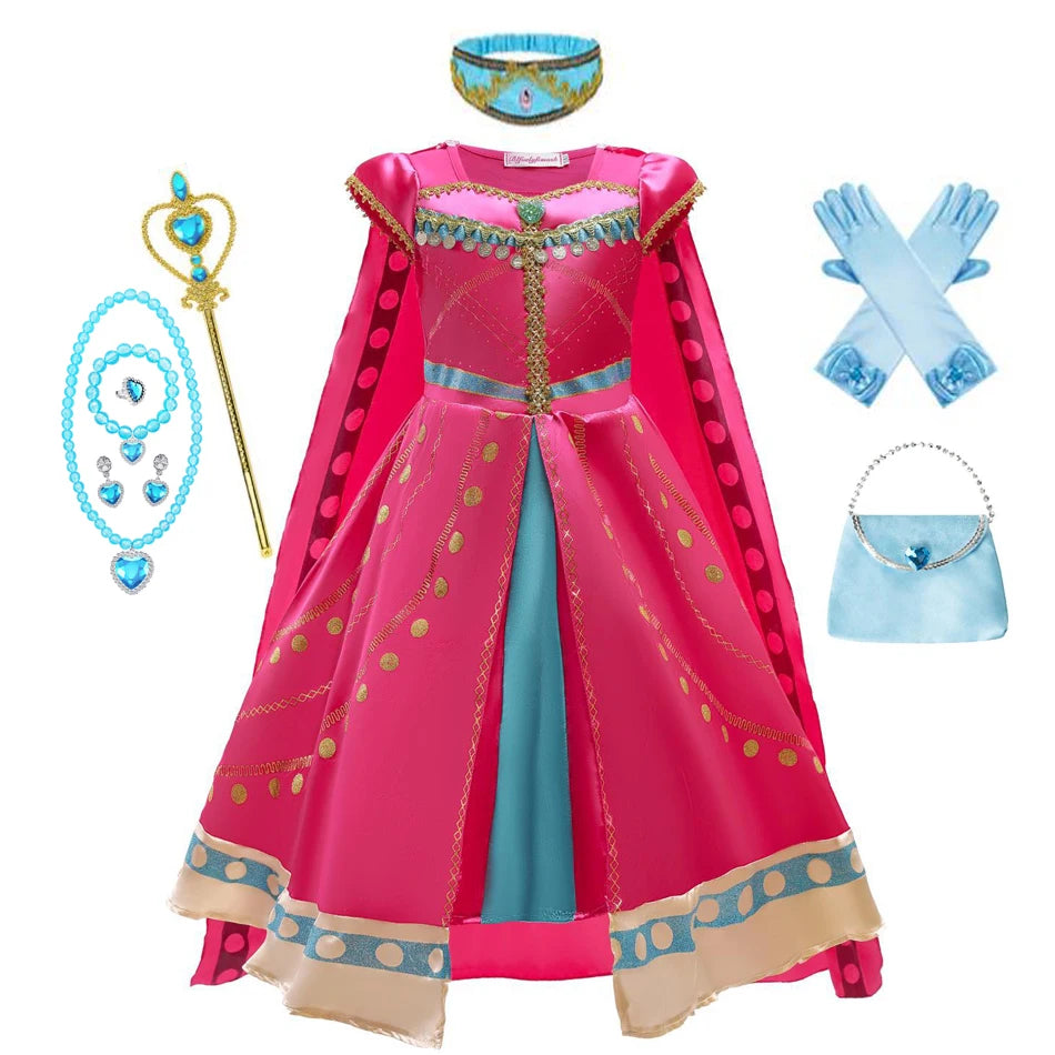 Princess Jasmine costume for girls with accessories like gloves, necklace, and crown for dress-up fun
