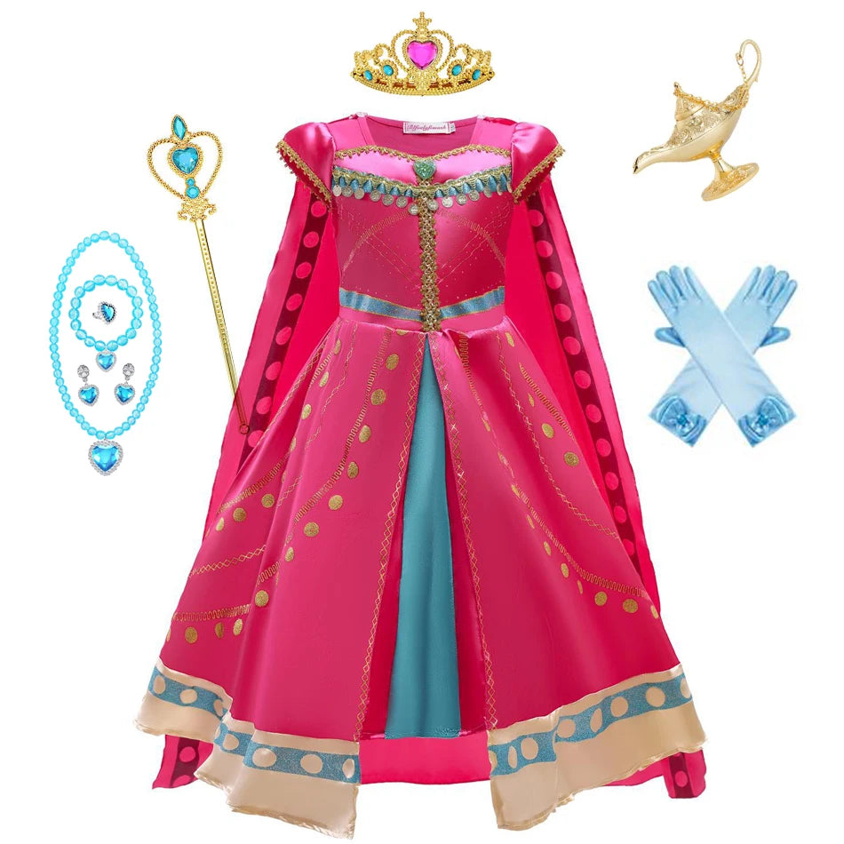 Princess Jasmine costume for girls featuring a pink dress, crown, gloves, and accessories for dress-up fun
