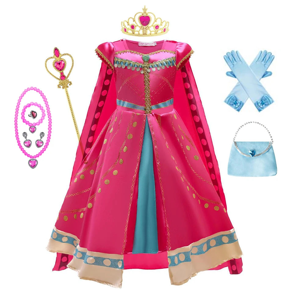 Princess Jasmine costume for girls featuring a pink dress, gloves, crown, and accessories for imaginative play