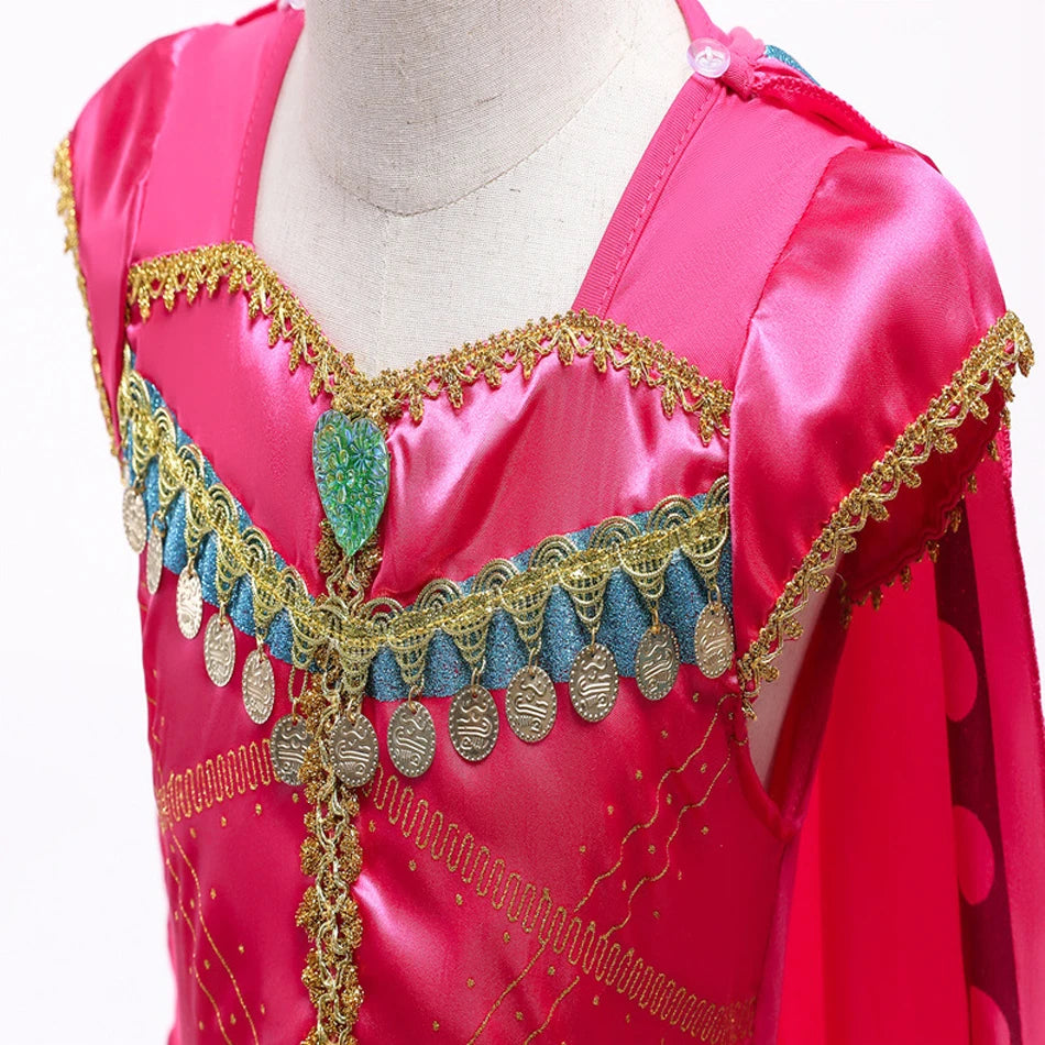 Pink Princess Jasmine costume for girls with detailed gold accents and vibrant cape