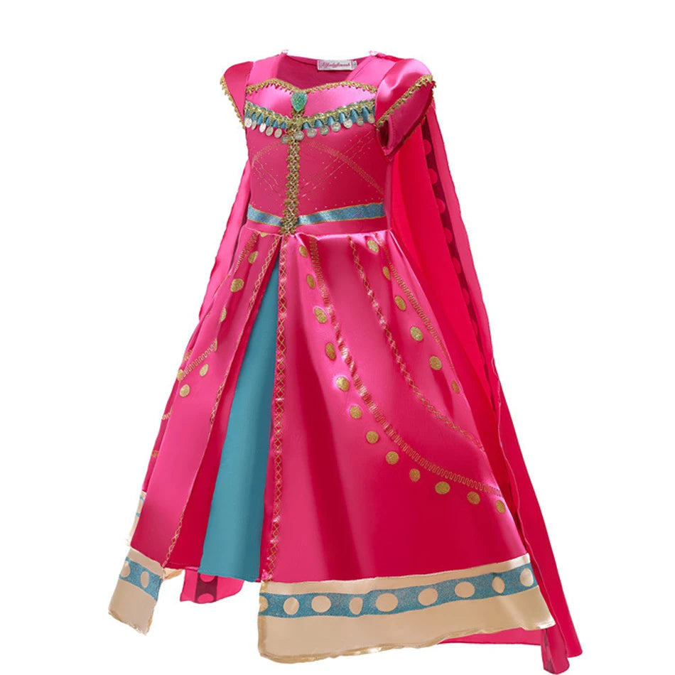 Bright pink Princess Jasmine costume for girls featuring a flowing cape and vibrant details