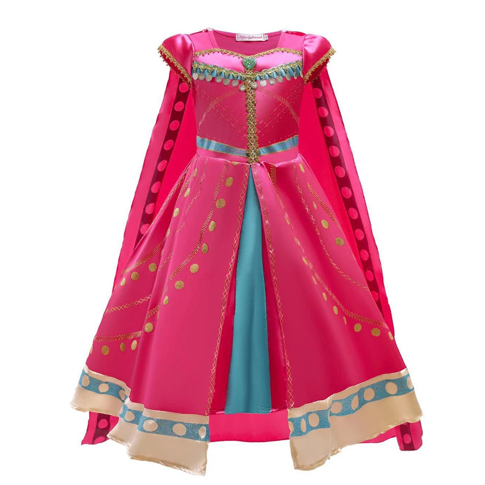 Bright pink princess dress with a cape, perfect as a Princess Jasmine costume for girls