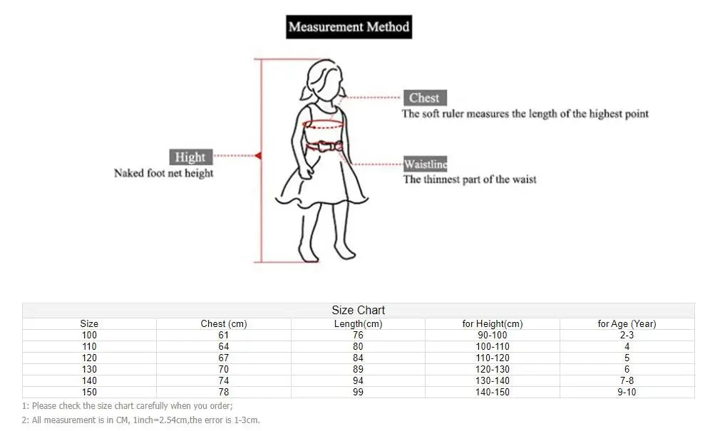 Measurement guide for girls' Princess Jasmine costume for girls, featuring height and size chart details