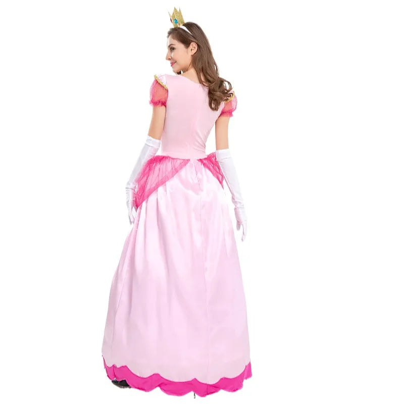 Back view of a Princess Peach costume for women with pink gown and crown for Halloween parties