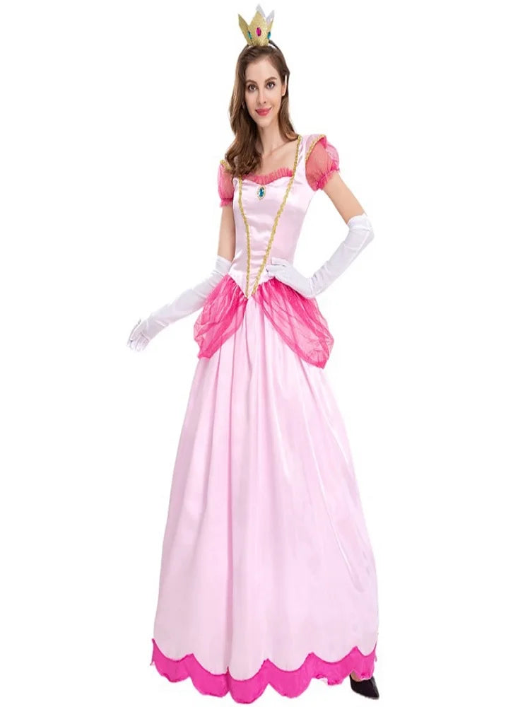 Elegant Princess Peach costume for women with a pink gown and crown for costume parties