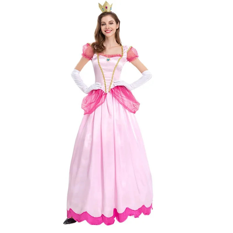 Elegant pink Princess Peach costume for women with a crown and gloves for themed parties
