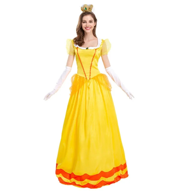 Elegant yellow Princess Peach costume for women with gloves and crown for themed events
