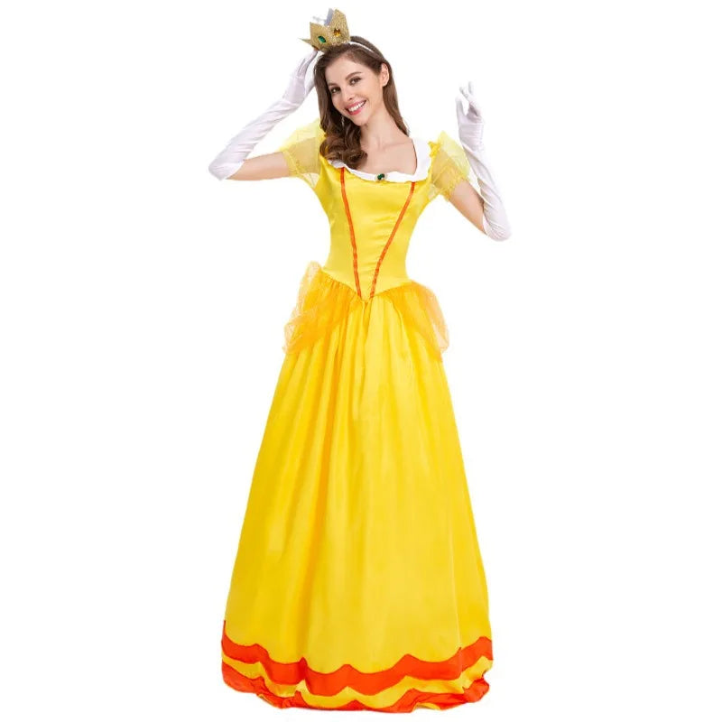 Bright yellow Princess Peach costume for women with elegant gloves and tiara for a royal look