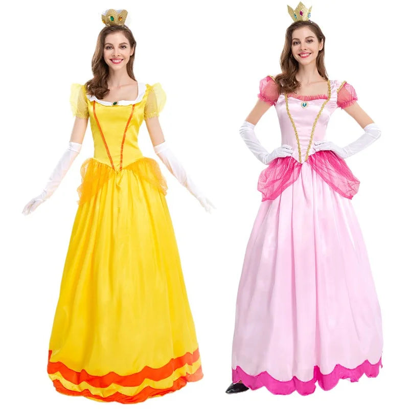 Two elegant princess dresses in yellow and pink, featuring gloves and crowns, ideal for a Princess Peach costume for women
