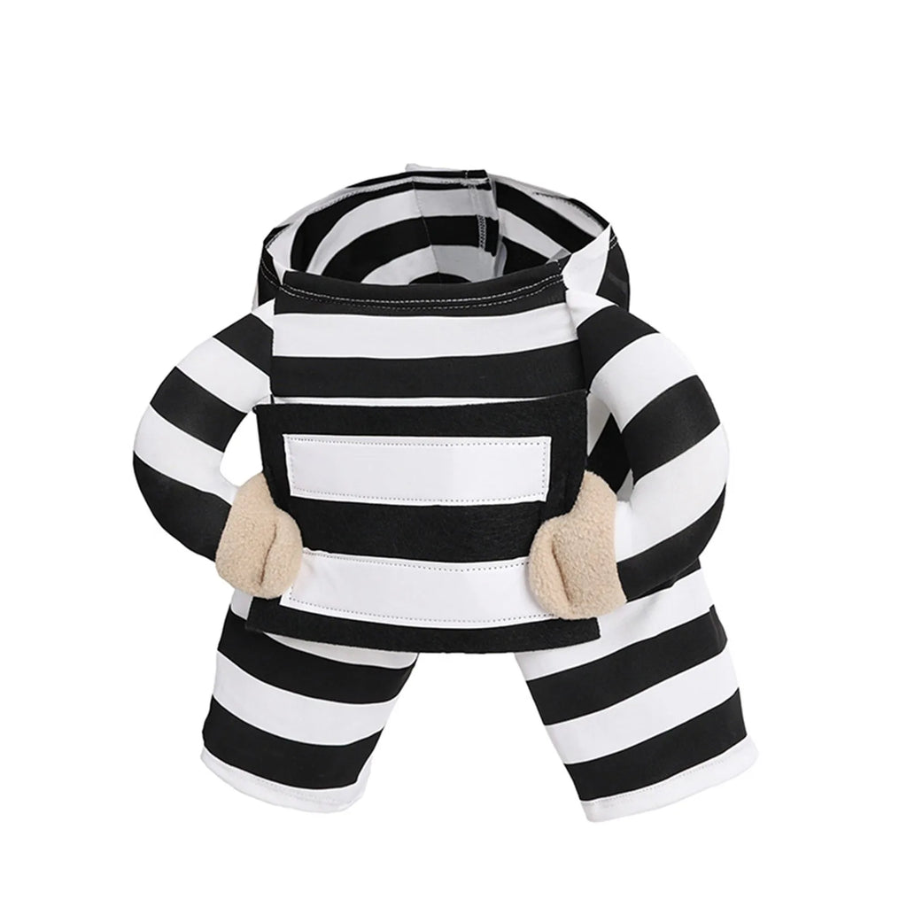 Adorable prisoner dog costume with black and white stripes and plush arms for playful pets