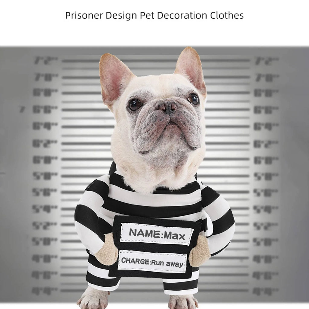 Adorable prisoner dog costume with black and white stripes for pets, featuring a name tag design