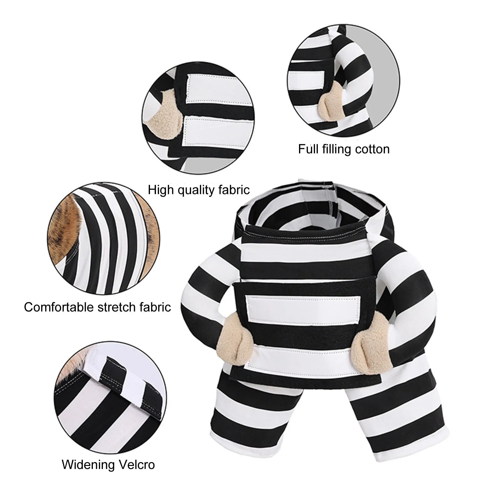 Prisoner dog costume with black and white stripes, soft fabric, and plush arm details for a playful look