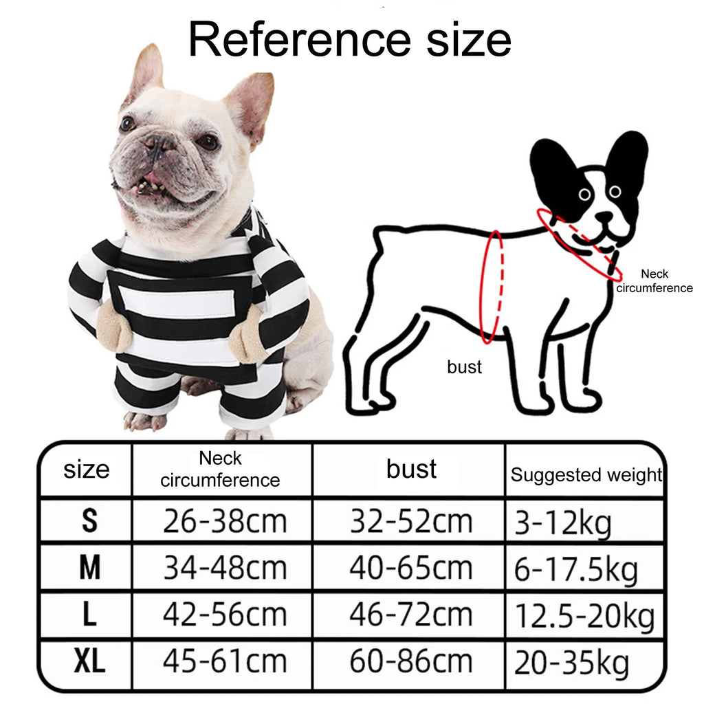 Adorable prisoner dog costume in black and white stripes with size chart for perfect fit