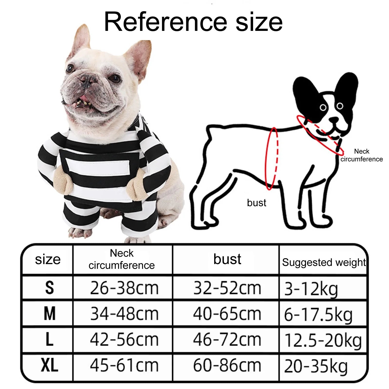 Adorable prisoner dog costume in black and white stripes with size chart for perfect fit