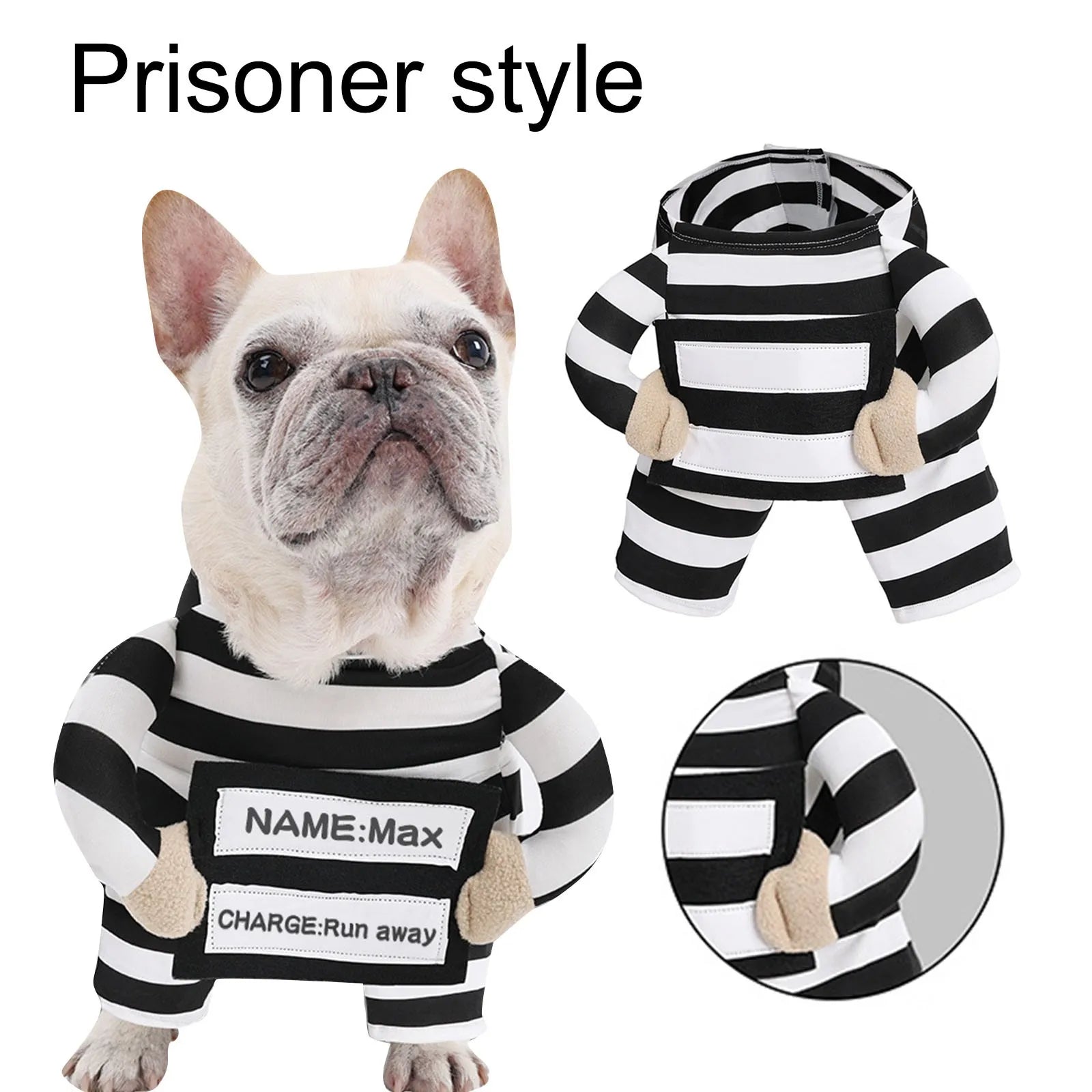 Adorable prisoner dog costume with black and white stripes, perfect for playful pets on Halloween