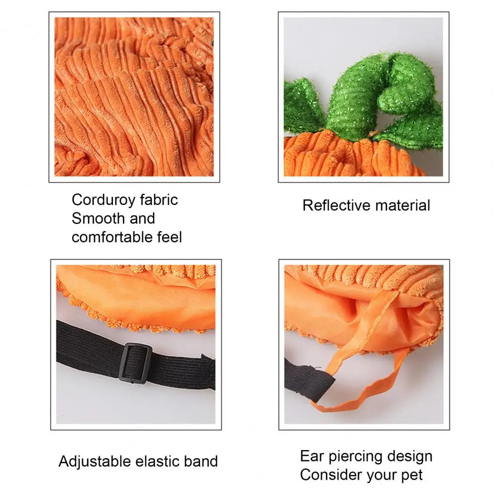 Pumpkin pet costume for small dogs featuring corduroy fabric and adjustable elastic band