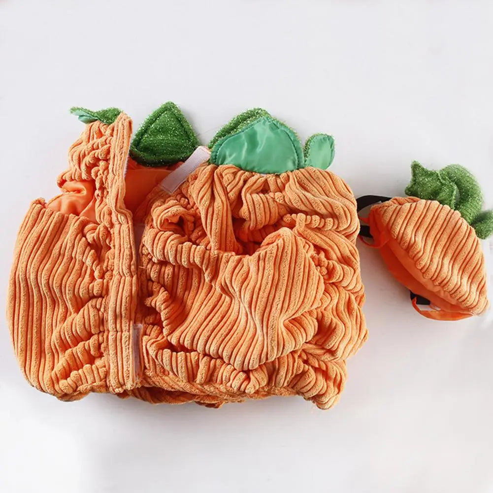 Pumpkin pet costume for small dogs featuring a soft, ribbed design with green leaves
