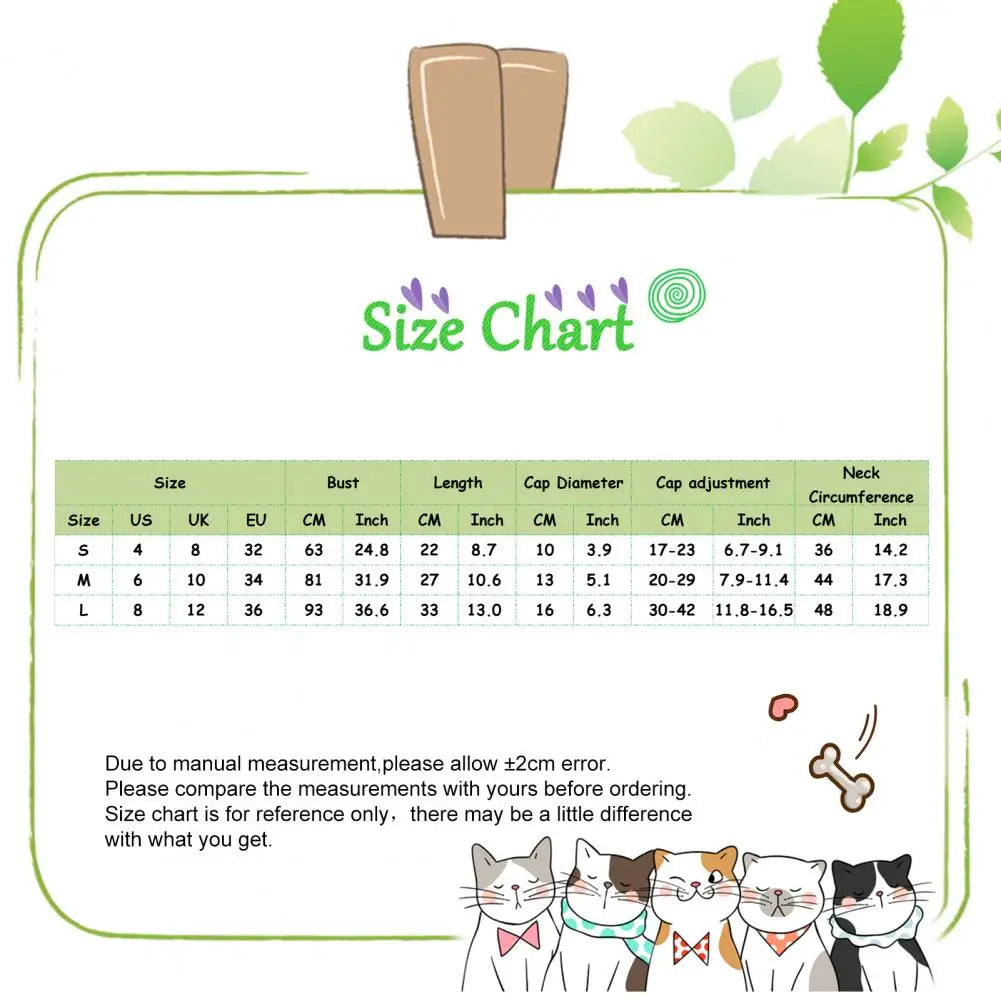 Size chart for pumpkin pet costume for small dogs with measurements for bust and neck circumference