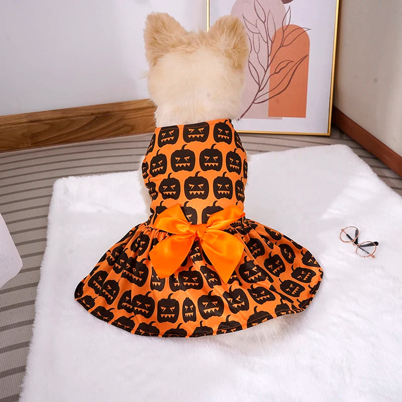 Adorable pumpkin pet skirt for dogs featuring a pumpkin pattern and an orange bow tie detail