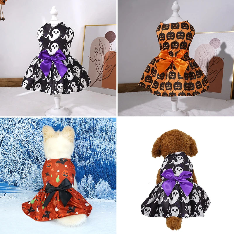 Cute pumpkin pet skirt for dogs in Halloween themes with ghost and pumpkin designs and vibrant bows