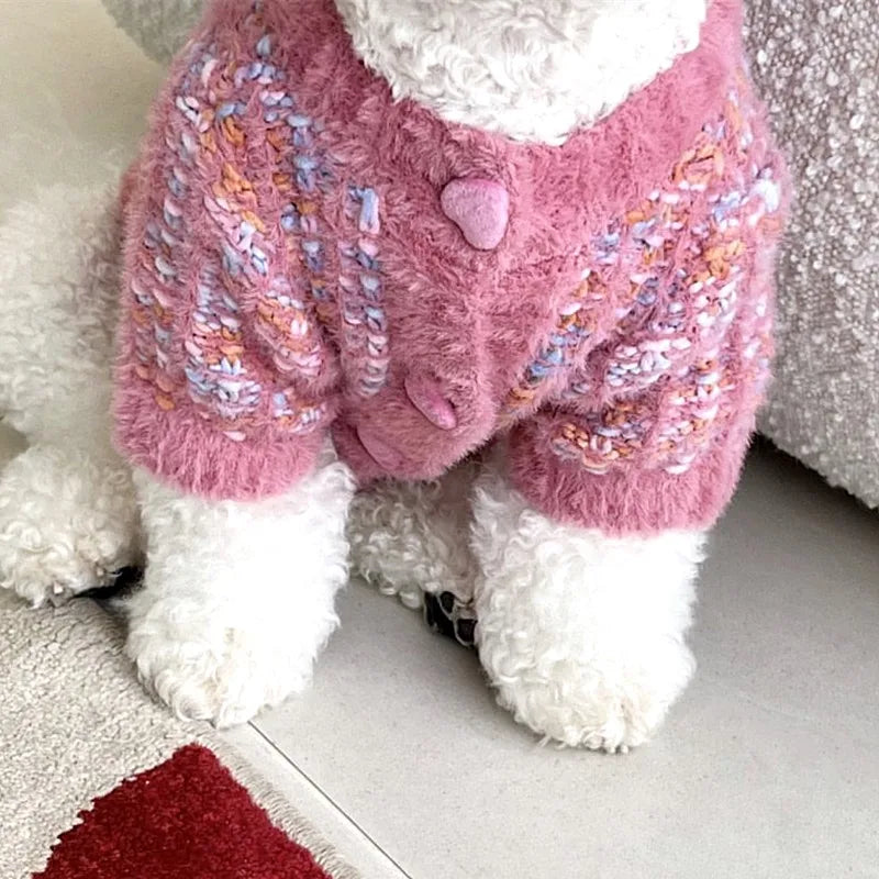Adorable puppy knitted coat for winter in pink with colorful accents and buttons