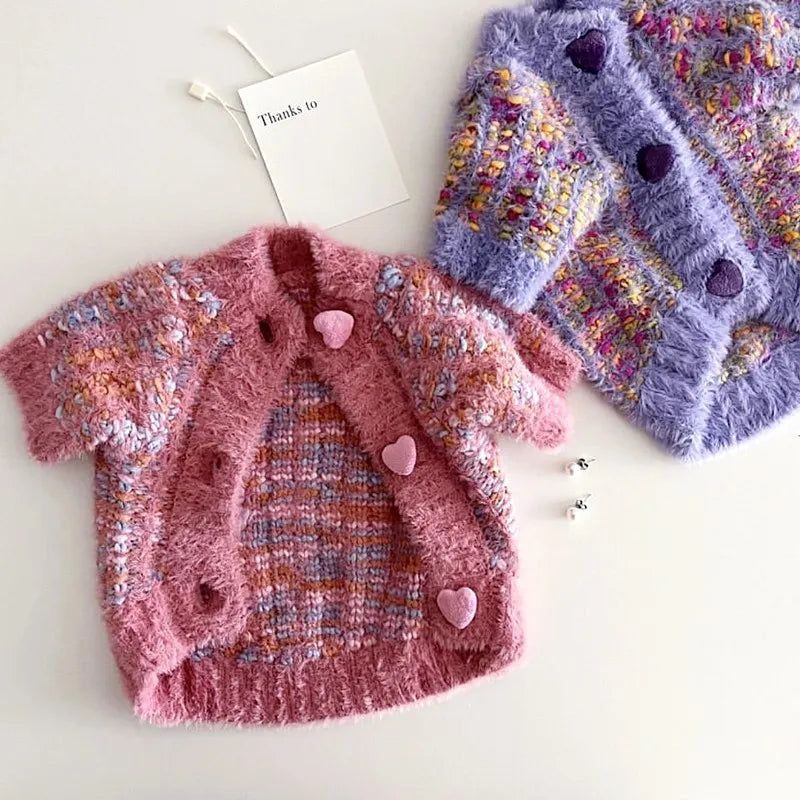 Adorable puppy knitted coat for winter in pink and purple with heart-shaped buttons
