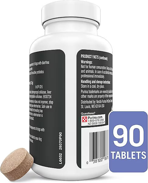 Zoomies & Co supplement bottle with 90 tablets for dogs displaying product facts and a single tablet