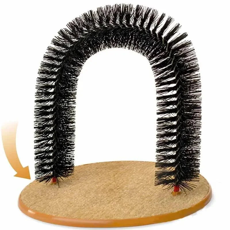 PurrSpa Self-Grooming Cat Arch on a carpeted base for cats to groom and play