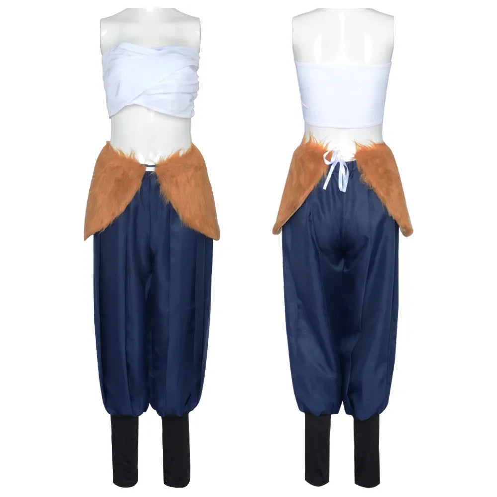Inosuke costume blue wig and boar mask with brown fur accents and loose-fitting pants
