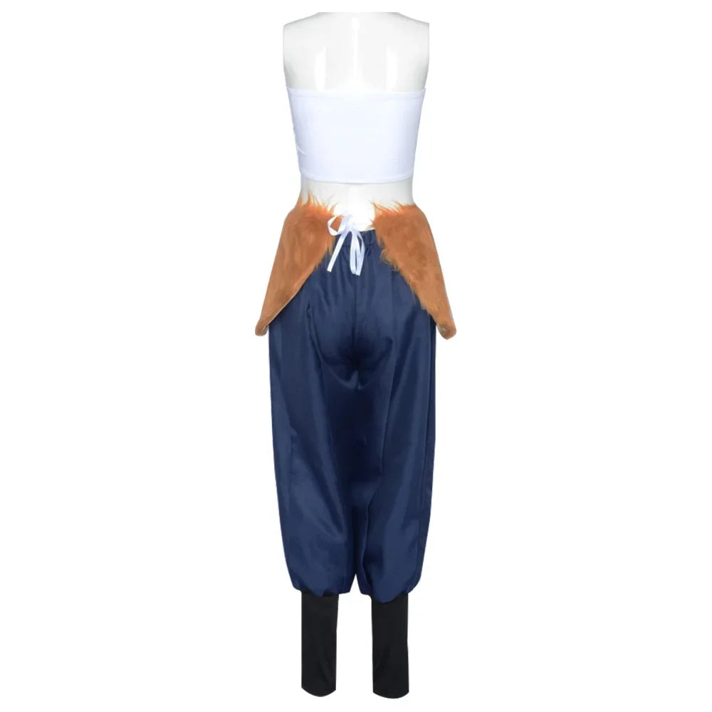 Inosuke costume blue wig and boar mask displayed on a mannequin showing back view and fur details