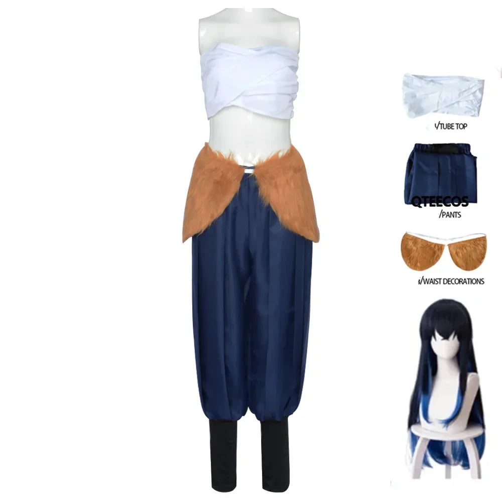 Inosuke costume blue wig and boar mask with tube top and matching pants for cosplay enthusiasts