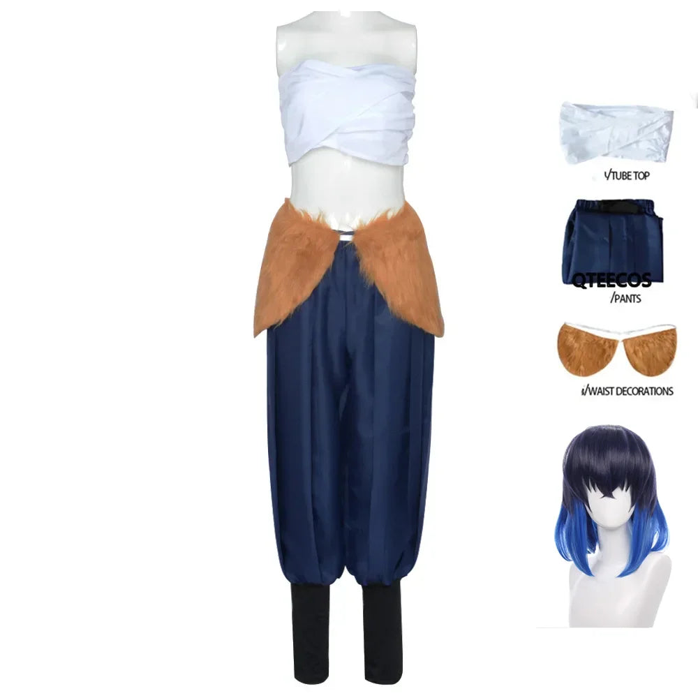 Inosuke costume blue wig and boar mask with fur details and tube top design for cosplay events