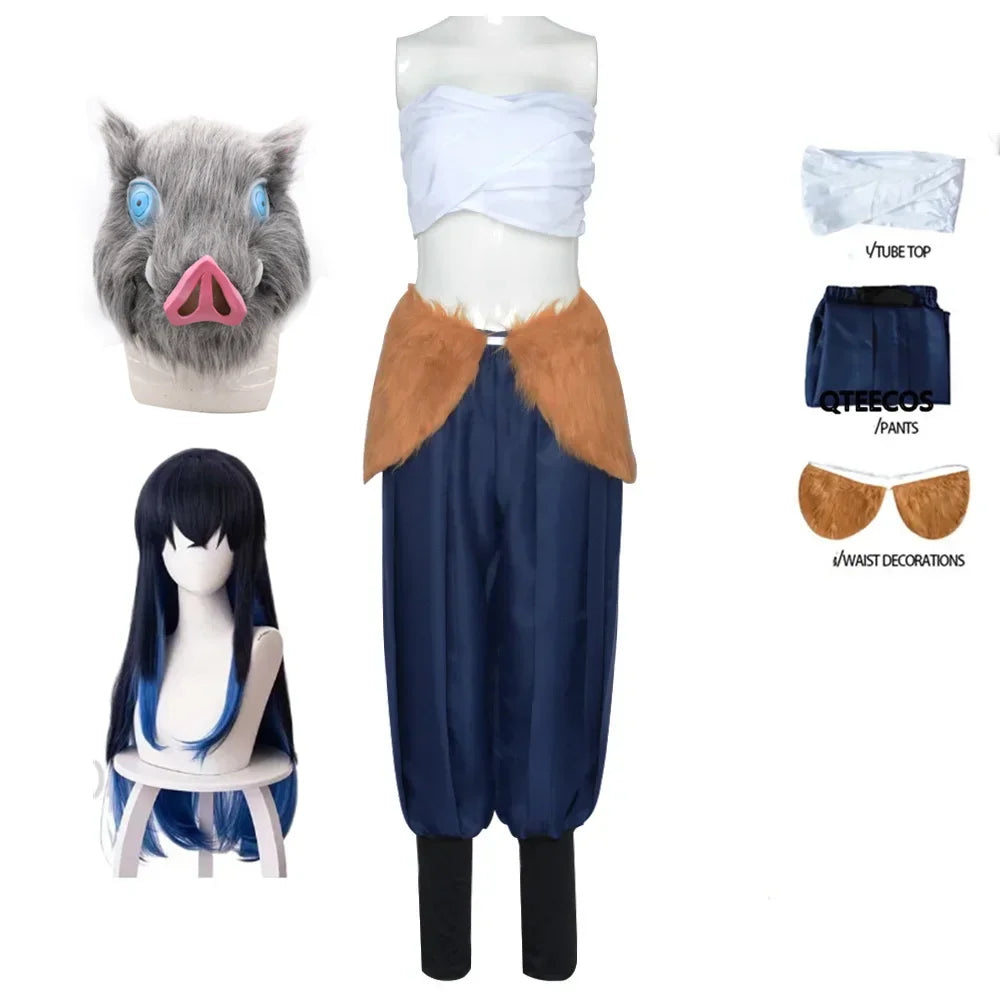 Inosuke costume blue wig and boar mask set featuring a tube top and pants for cosplay fans