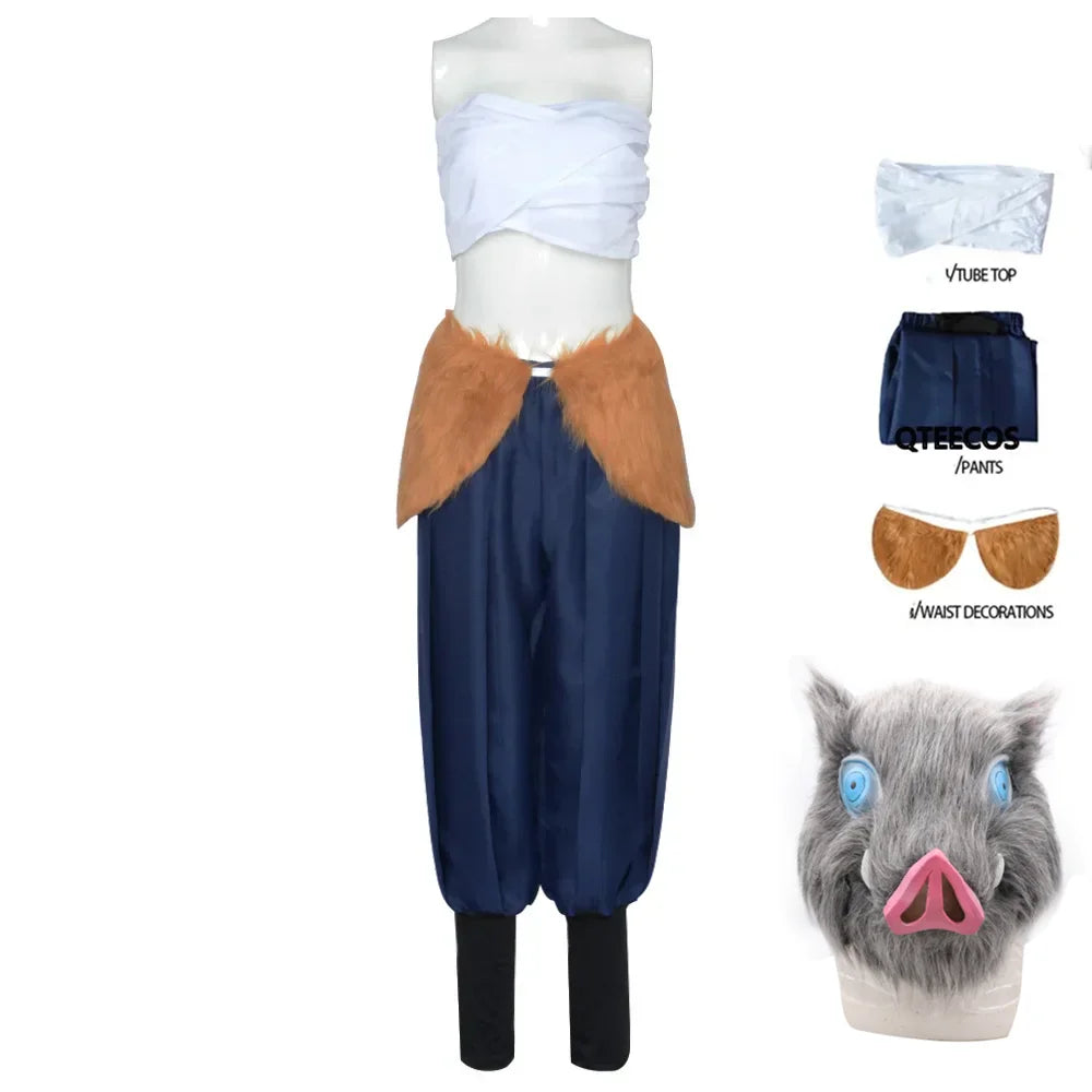 Inosuke costume blue wig and boar mask with matching top and pants for cosplay enthusiasts
