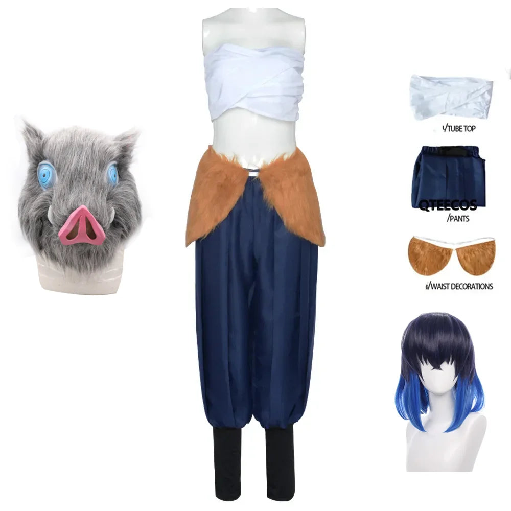 Inosuke costume blue wig and boar mask with tube top and pants for cosplay adventures