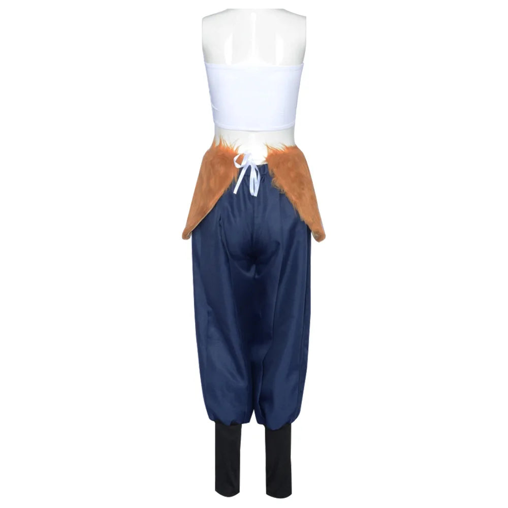 Inosuke costume blue wig and boar mask with blue pants and faux fur detailing at the waist