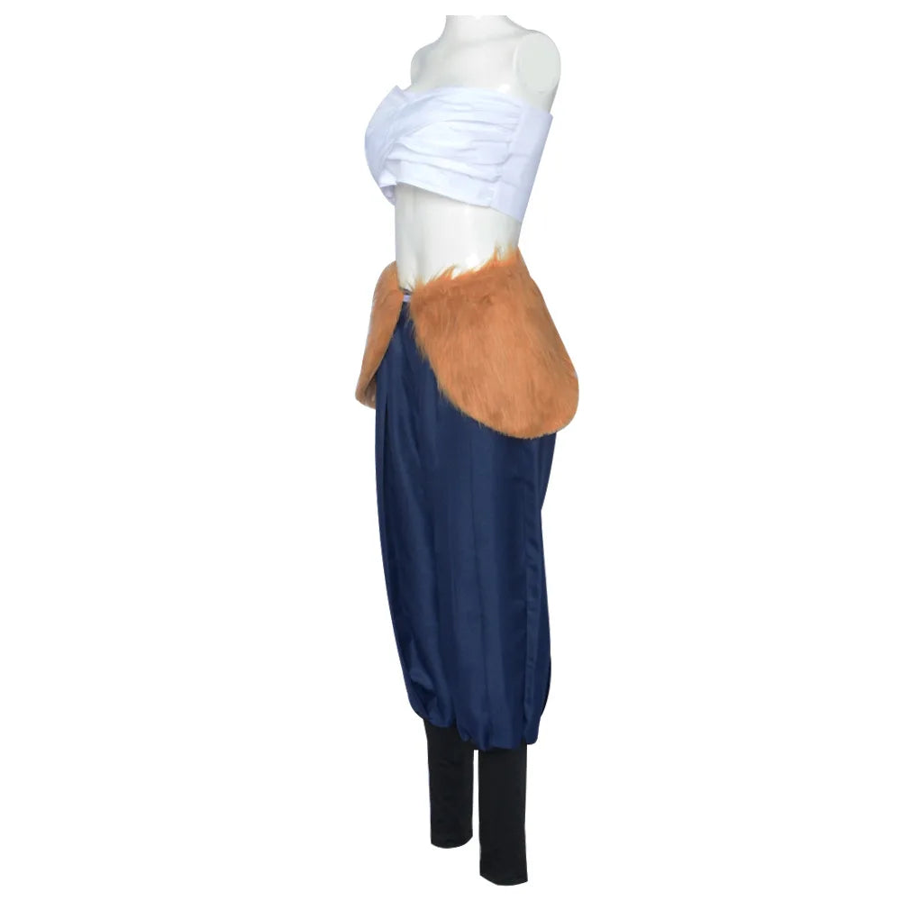 Inosuke costume blue wig and boar mask with a unique outfit featuring fur details and flowing pants.
